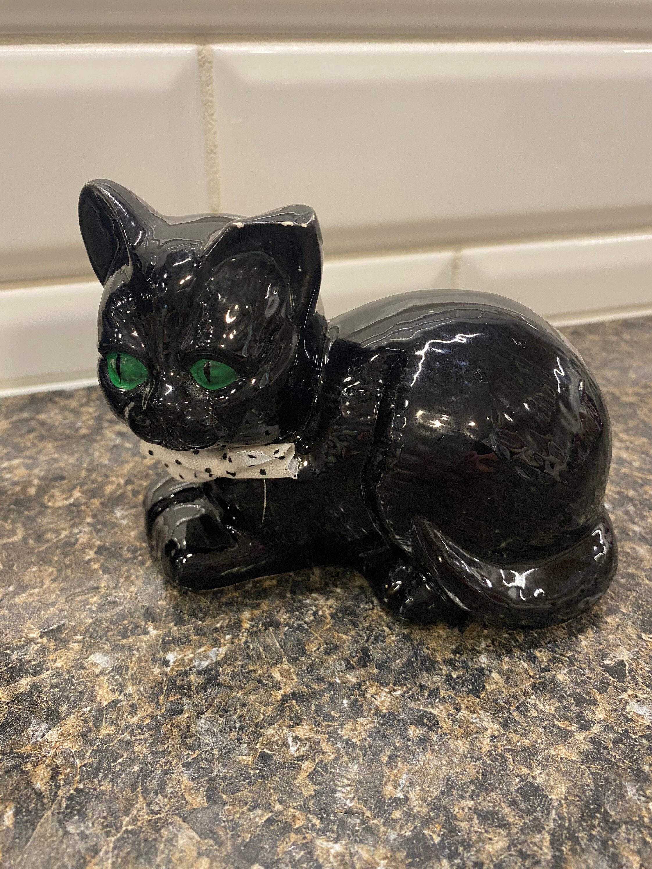 Vintage Ceramic Black Cats With Green Eyes and Fabric Bows