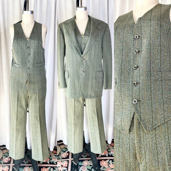 Vintage 1970s Green Polyester Three Piece Suit, Leisure Suit, Vintage Suit, Vintage Sage Green Tailored Suit, Professional Suit