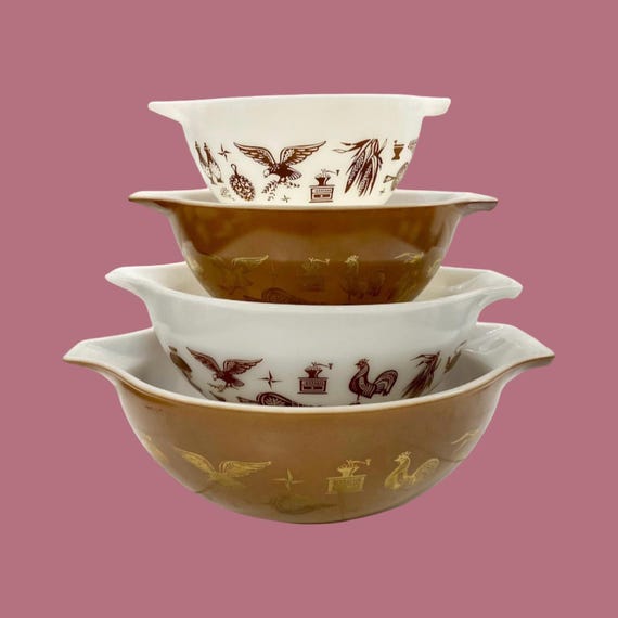 Vintage 1960s Pyrex Cinderella Mixing Bowl Set, Early American
