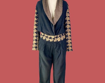 Vintage 80s Black Linen Houndstooth Suit, Size 10