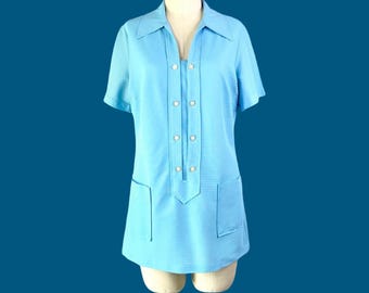 Vintage 1960s Mod Mini Dress, Light Blue Ribbed Double Breasted, Size Medium