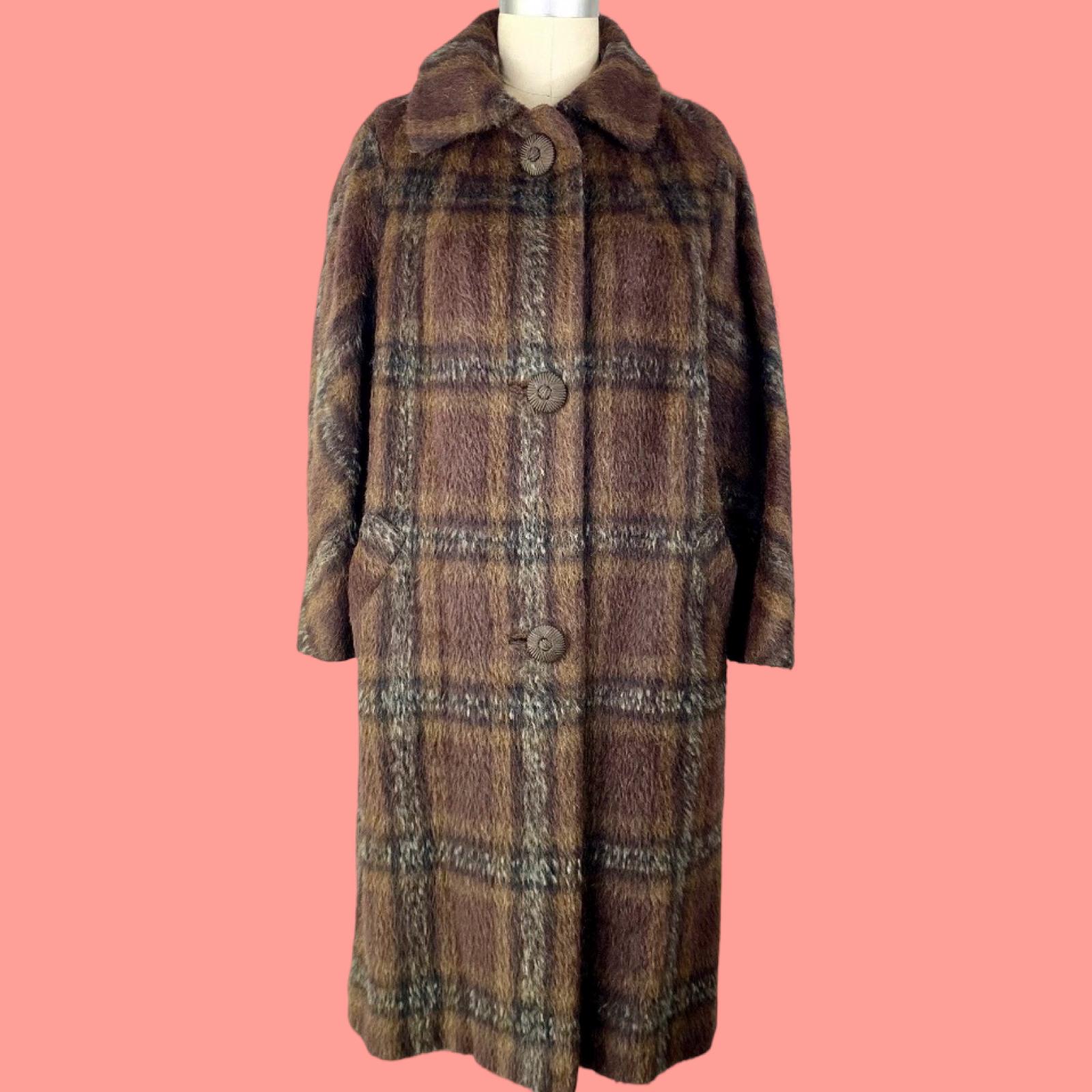 Vintage 1960s Plaid Llama Wool Trench Coat, Made in England, Size