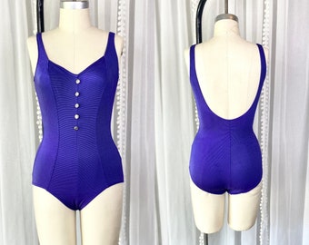 Vintage Purple Ribbed Maxine of Hollywood One Piece Swimsuit, Vintage Bathing Suit, Vintage Swim Suit, Size 10