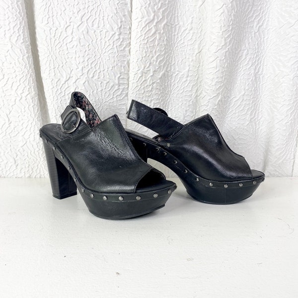 Vintage 90s Y2K Black Faux Leather Sling Back Wedge High Heels, Unlisted by Kenneth Cole, Vintage Wedge Sling Backs, Studded Heels, Size 8.5