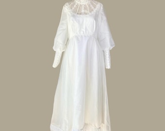 Vintage 1970s Iridescent White Wedding Dress, Bishop Sleeves, Size L