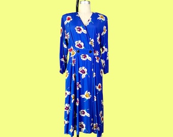 Vintage 80s Liz Claiborne Floral Dress, Bright Blue Rayon, Size 14