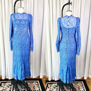 Vintage 1960s Bernadette Dukas Blue Lace Sequin Gown, Formal Gown, Vintage Sequin Dress, Mother of the Bride Dress, Size Medium