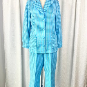 Vintage 1960s Polyester Blue Plaid Leisure Suit, 1970s Pant Suit ...