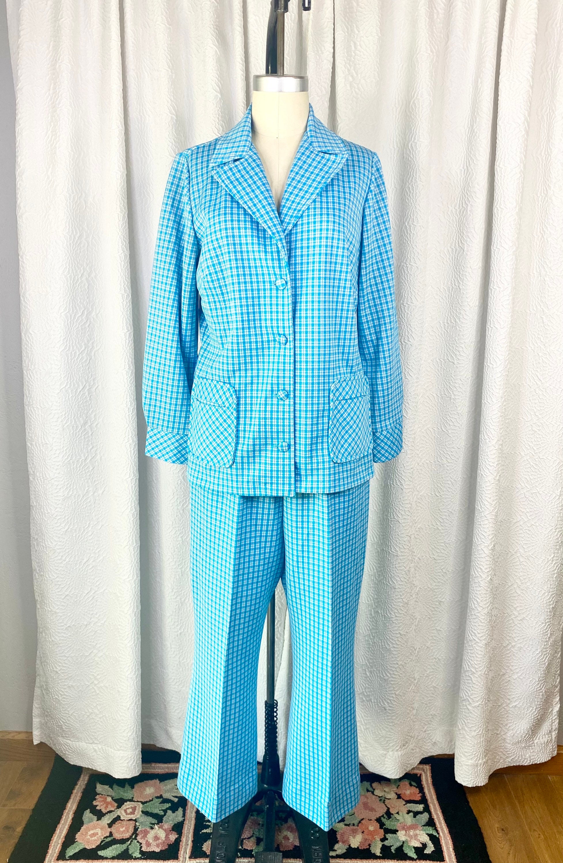 Vintage 1960s Polyester Blue Plaid Leisure Suit 1970s Pant - Etsy