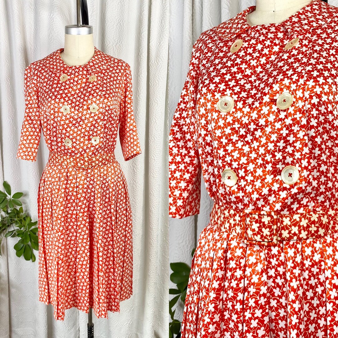 1950s Orange Rose Print Cotton Dress | XS/S