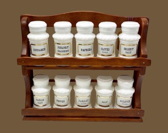 Vintage Wooden Spice Rack, 10 Milk Glass Jars, Farmhouse Kitchen Decor