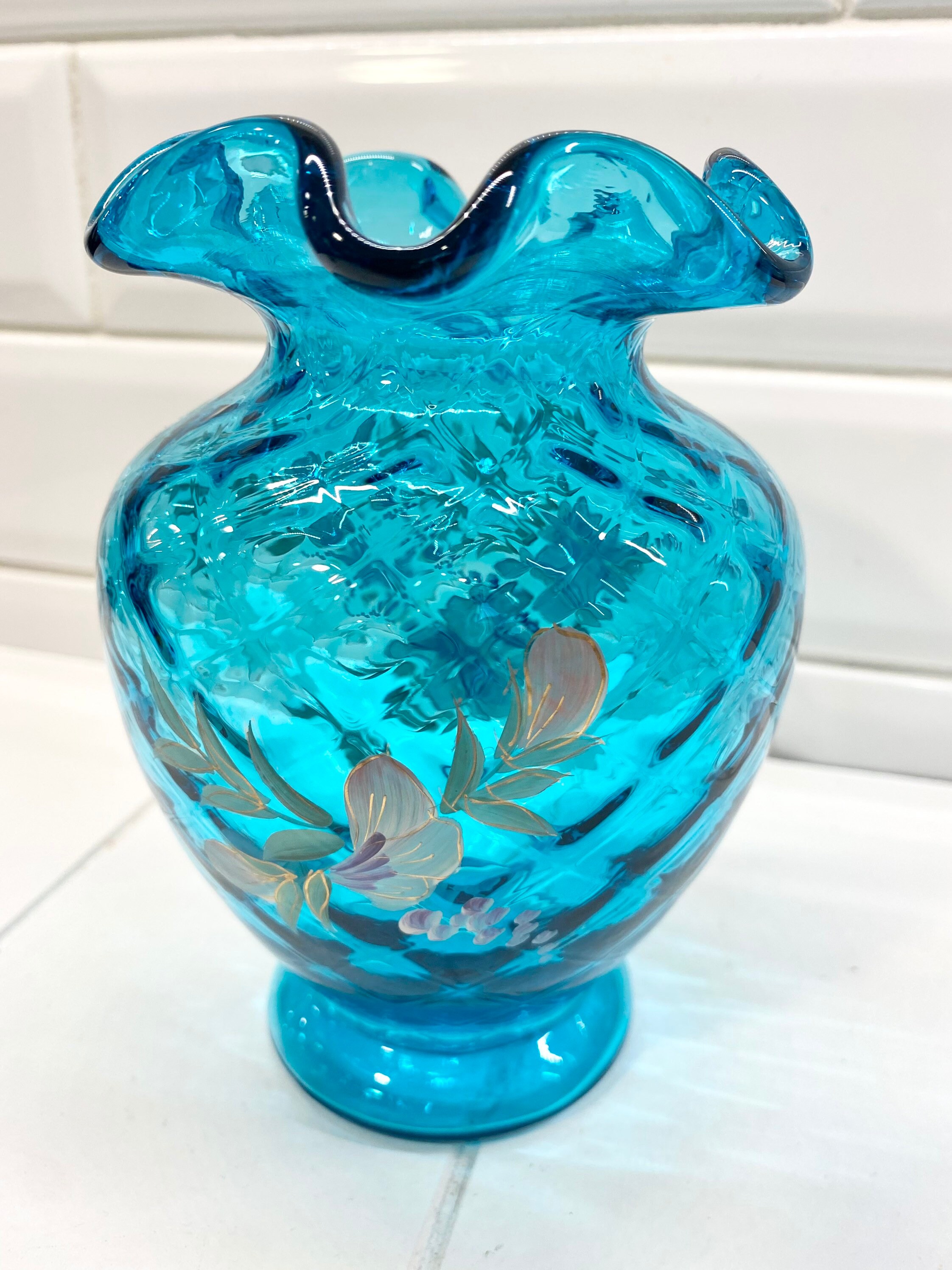 ヴィンテージ フェントン ブルー ハンドペイント フローラル フリル