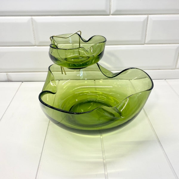 Vintage Emerald Green Anchor Hocking Green Chip and Dip Set, Mid Century Modern Kitchen