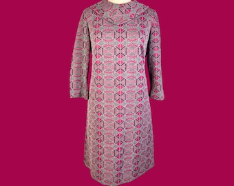 Vestido recto moderno de los años 60, estampado geométrico, cremallera metálica, talla M/L