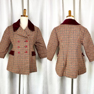 Vintage 1960s Girls Double Breasted Houndstooth Wool Coat, Vintage Wool Coat, Vintage Pea Coat, Vintage Girls Dress Coat, Size 4T