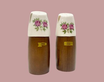 Vintage Nevco Wood Floral Ceramic Salt Pepper Shakers, Mid Century Kitchen Decor