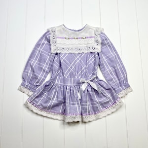 Vintage 4T Eva Cottagecore Purple Plaid Drop Waist Dress with Large Eyelet Collar, Vintage Easter Dress, Size 4T