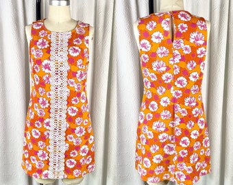 Vintage Y2K Orange Floral Mini Dress, Vintage Hawaiian Floral Mini Dress, 1990s Mini Dress, Y2K Mini Dress, Size 3 Dress, Size 5 Dress