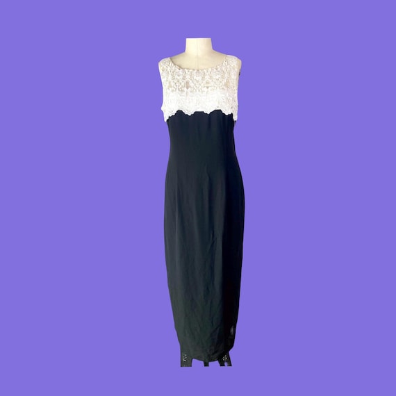 Vintage Scott McClintock Black Evening Dress, White Lace Top, Size 14