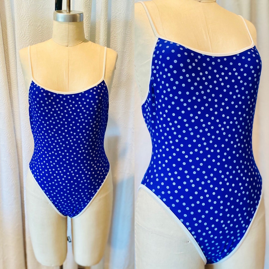 Vintage Royal Blue and White Polka Dot Cheeky One Piece Swimsuit, Polka — free download