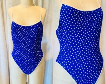 Vintage Royal Blue and White Polka Dot Cheeky One Piece Swimsuit, Polka Dot Swimsuit, Vintage Bathing Suit, Vintage Swim Suit, Size 7/8