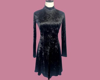 Vintage 90s Black Velvet Mini Dress, Whimsigoth Style, Medium