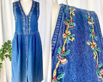 Vintage Denim Jean Christmas Dress, Vintage Apron Dress with Christmas Embroidery, 90s Christmas Dress, Kitschy Christmas Dress, Size 12