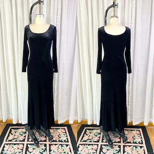 Vintage Black Stretch Velvet Wiggle Maxi Dress, Vintage Velvet Maxi Dress, Vintage Goth Dress, Black Velvet Dress, Size 4 Dress