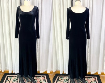 Vintage Black Stretch Velvet Wiggle Maxi Dress, Vintage Velvet Maxi Dress, Vintage Goth Dress, Black Velvet Dress, Size 4 Dress