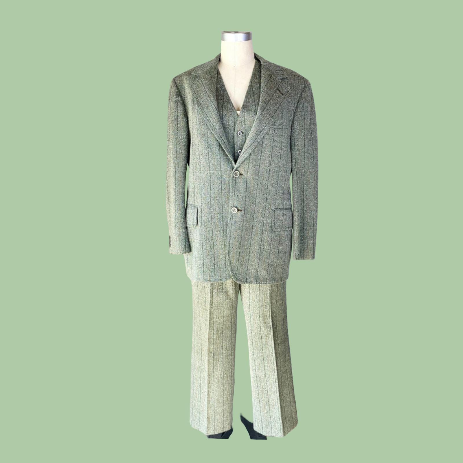 Vintage 1970s Sage Green Polyester Three Piece Suit