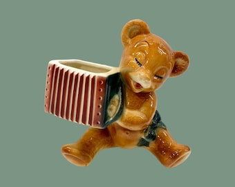 Maceta pequeña vintage con forma de oso tocando el acordeón, para suculentas, decoración infantil