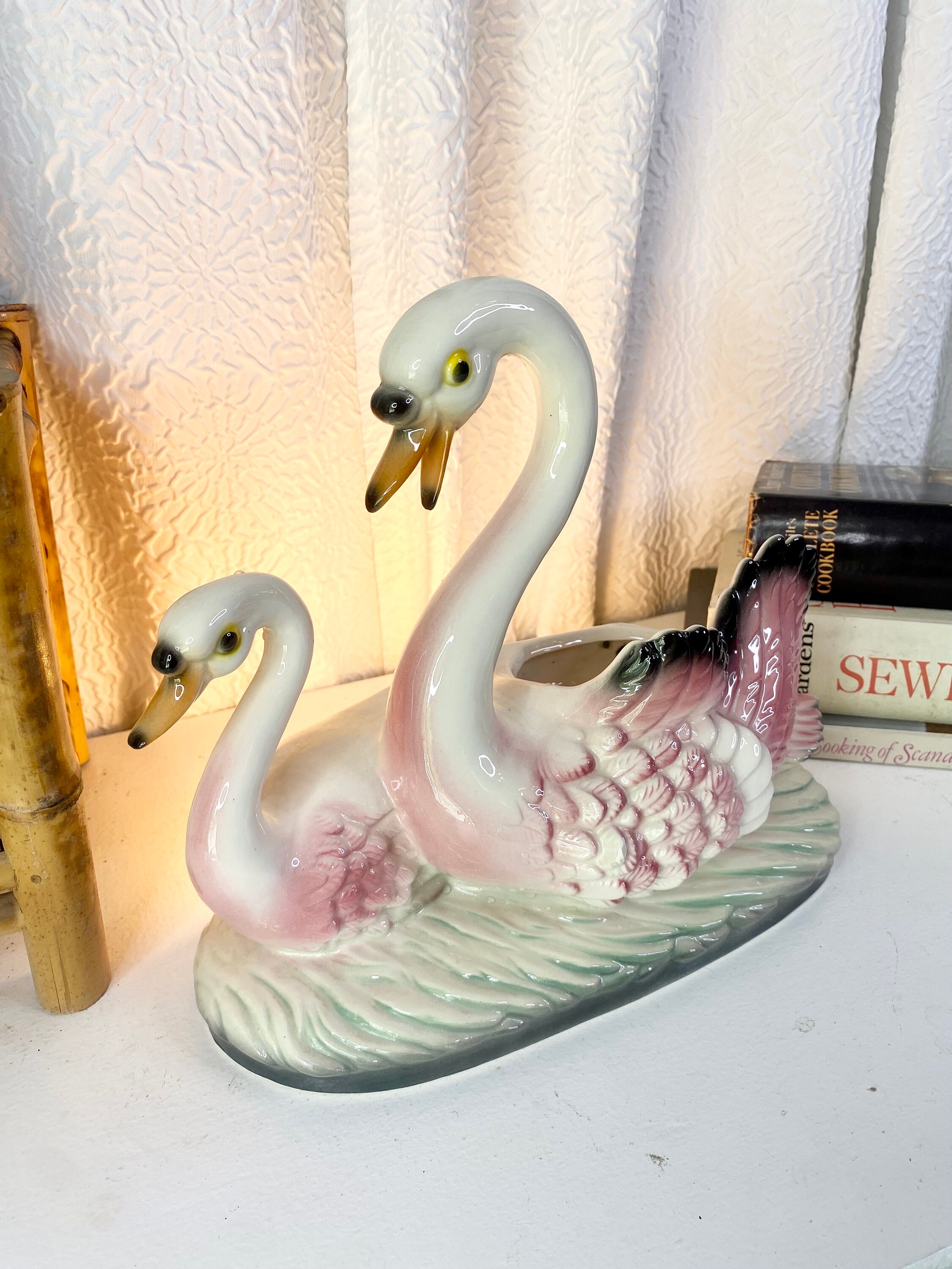 Vintage Maddux Pink Swan Lamp, Mid Century TV Planter, Ceramic MCM