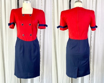 Vintage 1980s Sheila Michaels Petite Red and Blue Double Breasted Pencil Dress, Flight Attendant Costume, Stewardess Costume, Size 6 Dress