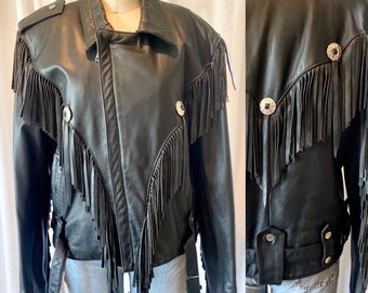 Vintage Open Road for Wilson's Black Leather Fringe Motorcycle Jacket, Motorcycle Jacket, Fringe Leather, Wilsons Motorcycle Jacket, Size L