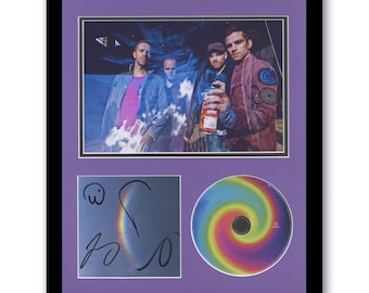 Foto en CD enmarcada autografiada de 11 x 14 de Chris Martin, Guy Berryman, Jonny Buckland y Coldplay en el papel de Moon Music