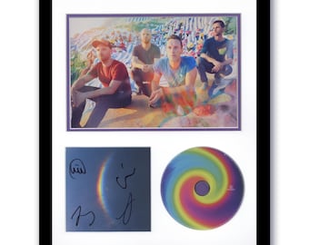 Foto en CD enmarcada autografiada de 11 x 14 de Chris Martin, Guy Berryman, Jonny Buckland y Coldplay en el papel de Moon Music