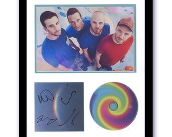 Foto en CD enmarcada autografiada de 11 x 14 de Chris Martin, Guy Berryman, Jonny Buckland y Coldplay en el papel de Moon Music