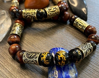 Red Tigers Eye Bracelet with Gold Viking Runes