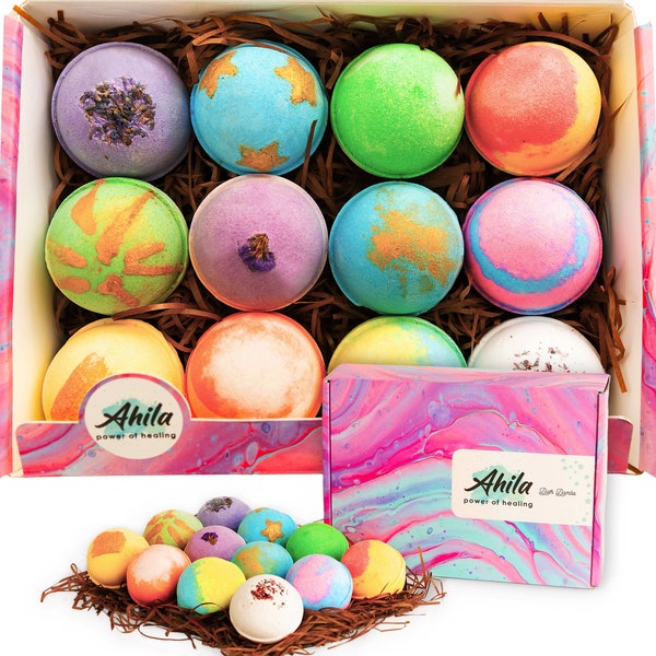 Ahila power of healing 12 XXL (5 oz) Organic Bubbly Bath Bombs Gift Set for Women, Rich in Pure Essential Oils Healing Properties.