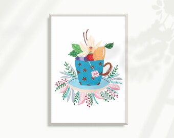 Cup of tea with fruits art print A4 A5