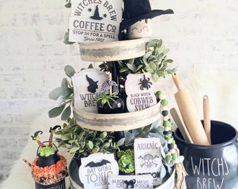 tier tray halloween ....halloween decor...halloween..potion bottles........mini signs..3d signs..coffee bar...