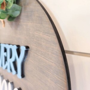 Op de afbeelding: Een rond houten bord met een zwarte rand. Op het bord staat "Every Mom" in blauwe en witte letters.