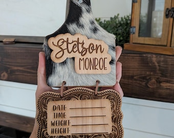 Cowhide birth announcements,Cowhide birth sign,cowhide announcement,cowhide,western authentic cowhide,hospital baby sign. Baby stat sign