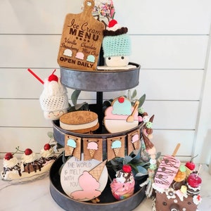 ice cream tier tray decor i scream you scream we all scream for ice cream farmhouse decor ice decor coffee bar decor kitchen decor pastels