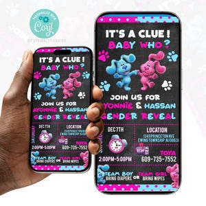 Blue&#39;s Clues Gender Reveal Invitation, Blues clues party, gender reveal invitation. Digital Invitation, Phone Invitation