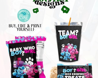 May include: Blue's Clues themed party favor set with a blue and pink character design. The set includes a juice box, a snack bag, and a rice krispies treat bag. The text on the juice box says "Team? Boy Girl". The text on the snack bag says "Baby Who Boy? Girl". The text on the rice krispies treat bag says "Boy? Girl Rice Krispies Treats".