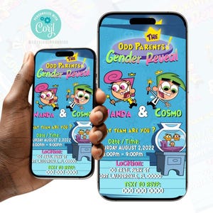 Gender Reveal invitation, Cosmo and wanda, Digital invite,