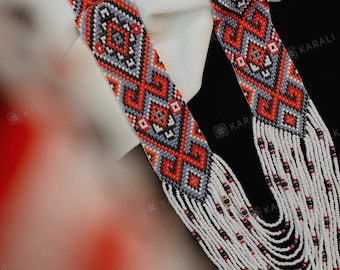 Red Beaded Gerdan Necklace, Ukrainian Beadwork Jewelry