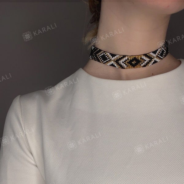 Black choker,Bead loom choker,Ethnic style choker,Black beaded choker necklace,Beadwork necklace,Handmade jewelry,Gift for her