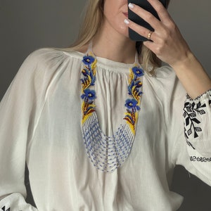 Long necklace with blue and yellow flowers, blue Gerdan Beaded necklace Ukrainian necklace Bohemian necklace Geometric